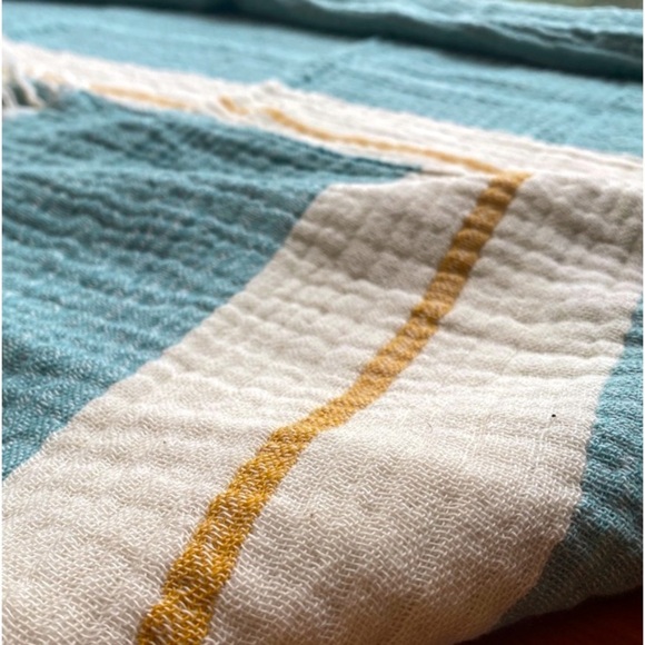 Anthropologie Other - Anthropologie Boho Teal Mustard Ecru Soft Organic Throw Blanket Macrame Carrier